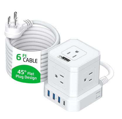 Multi-Outlet Cube & USB Port Fast Charge 6ft Cable